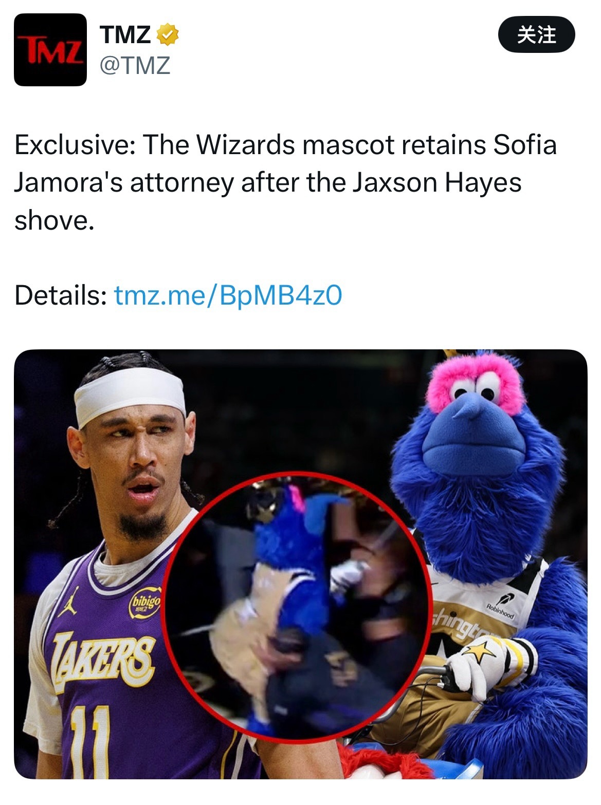 海斯你可能摊上事儿了，奇才吉祥物扮演者已请律师湖人前锋海斯在赛前介绍环节推倒了奇