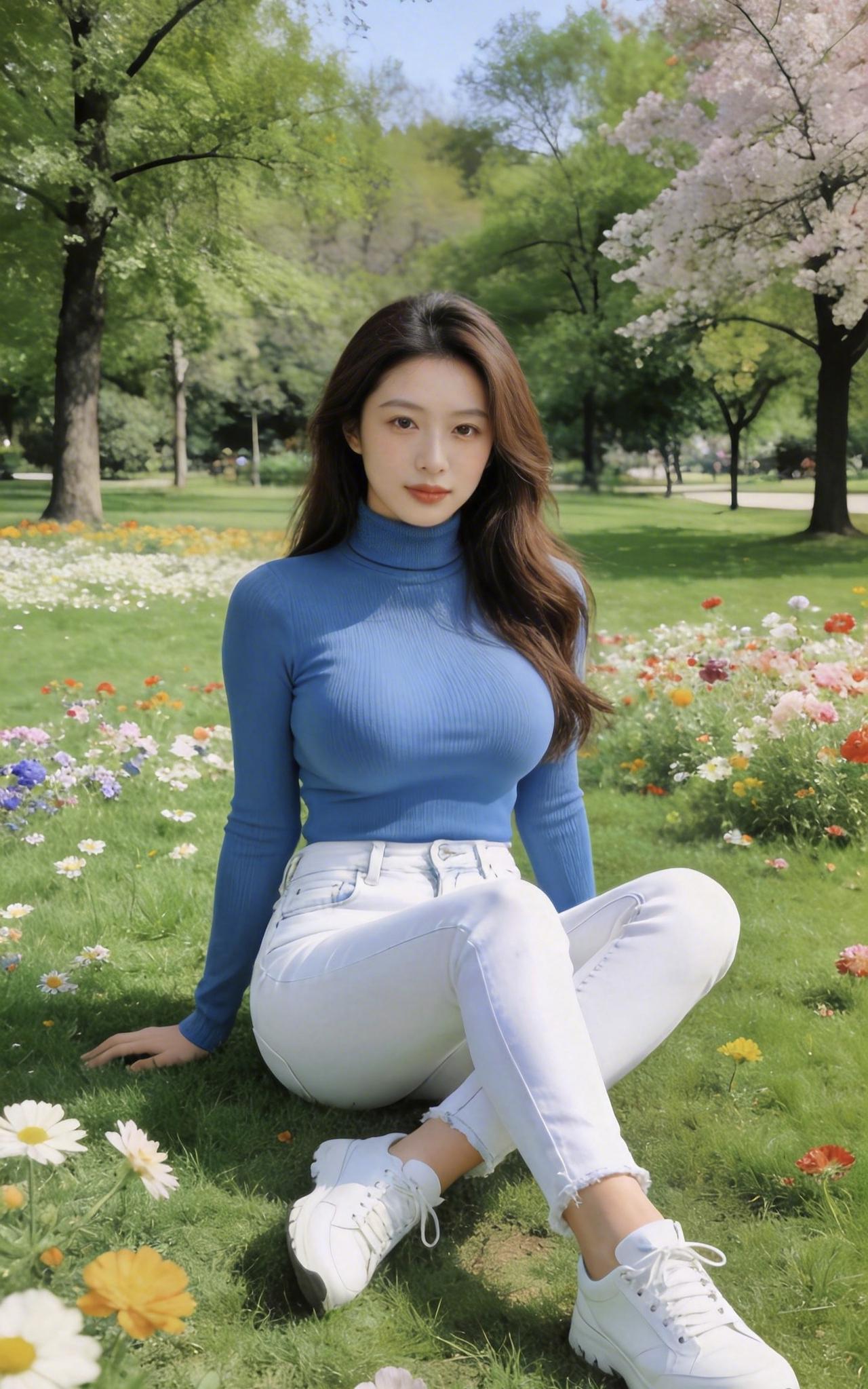 《晴郊闲坐》
 
晴光漫洒碧芳丛，裙裾轻沾碎蕊风。
云鬓垂肩凝晓露，蓝衫贴体衬娇