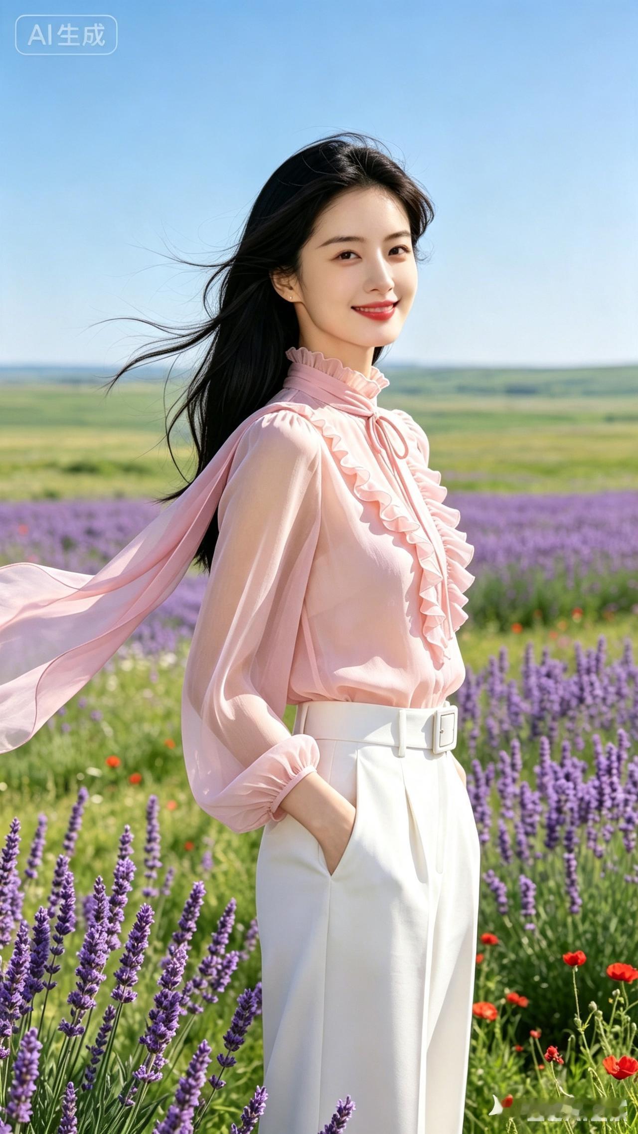 薰衣芳野
 
遍野薰花泛紫香，
清风拂动发丝扬。
粉衫轻舞随云荡，
素裤从容立野