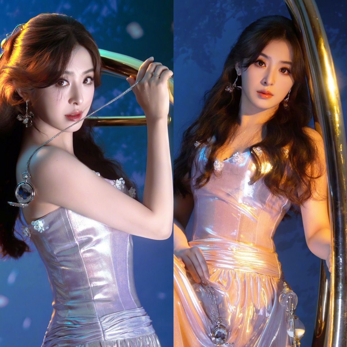 张含韵全新全屏手机壁纸：这身银缎吊带裙，似揉碎的月光舒散着酸酸甜甜的浪漫气息。张