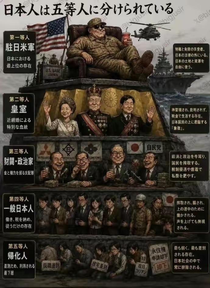 日本社会的等级制度。
第一等不是日本皇族，而是太上天皇族，也就是驻日美军。
根据