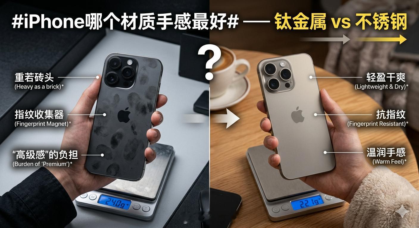 iPhone哪个材质手感最好我个人觉得目前还是钛金属拿着最舒服。之前用不锈钢边框