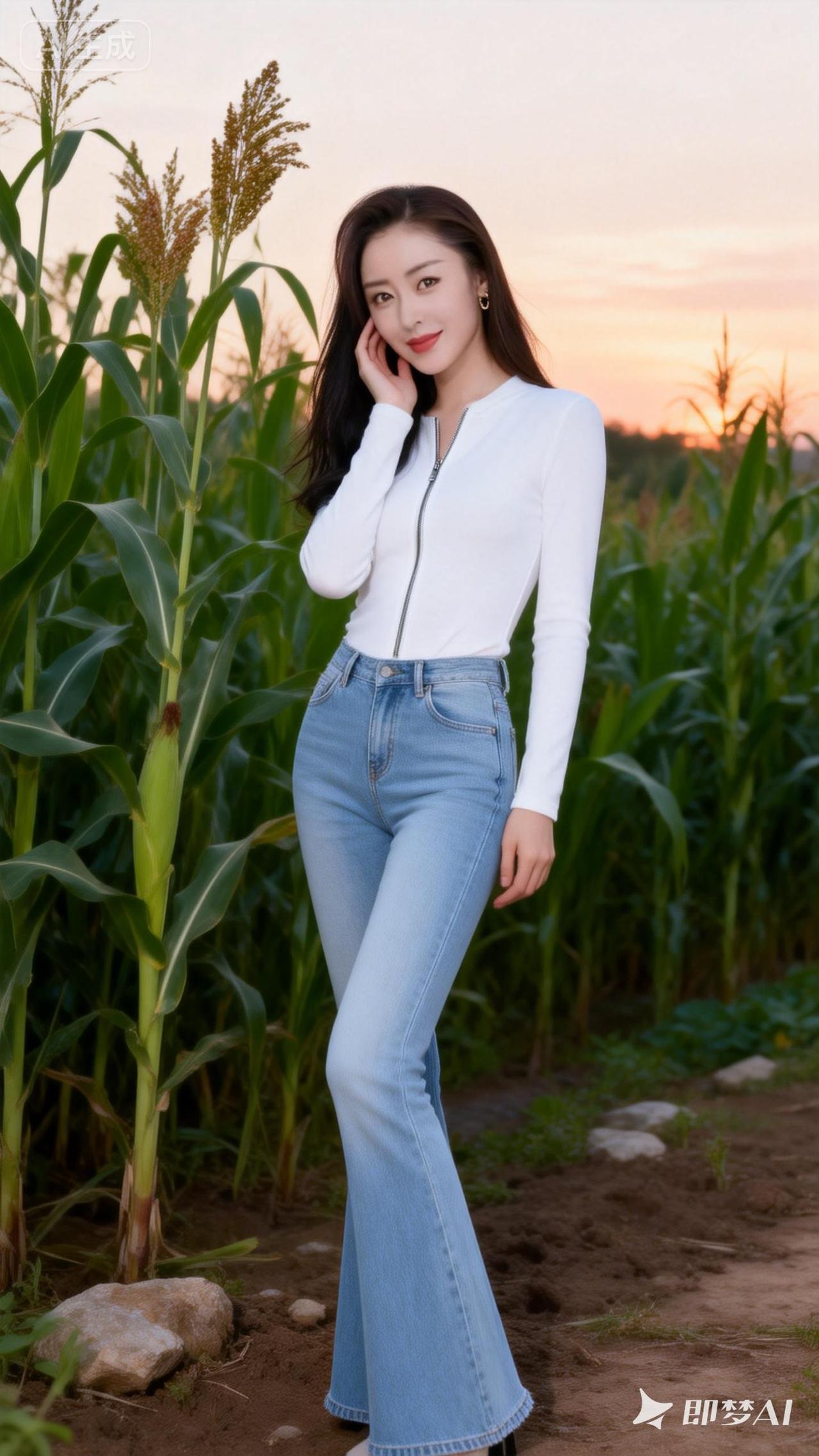 夏日田野里的甜美少女，白衣蓝裤，微风轻拂，笑靥如花。