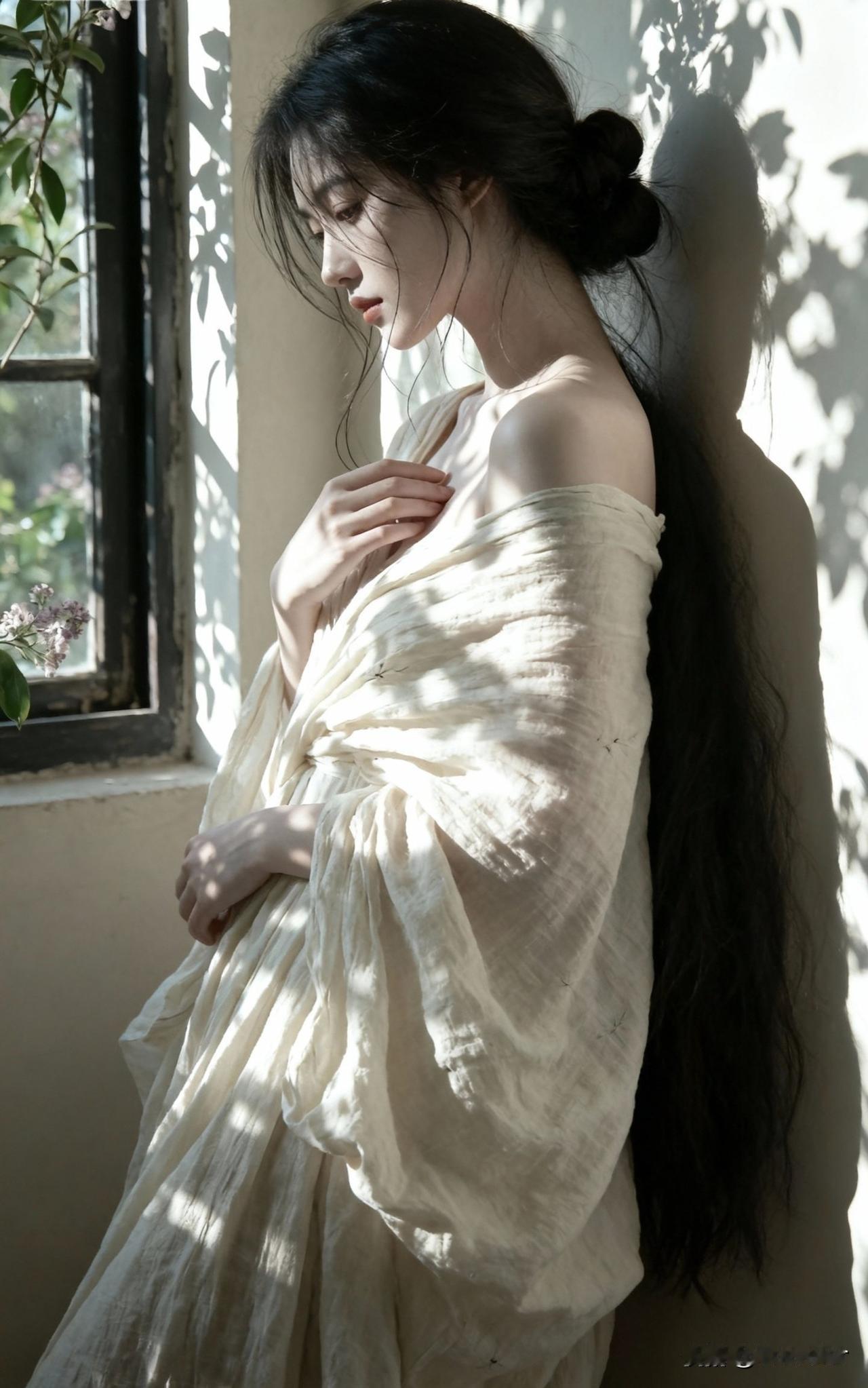 窗前花影动，轻纱掩面容。