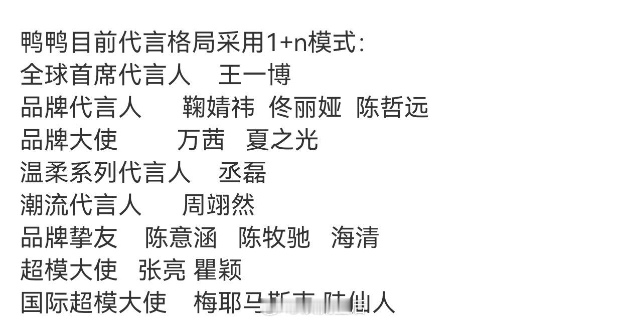 鸭鸭选取代言人采用1+n模式下，王一博一直是永远的1没变过。 ​​​