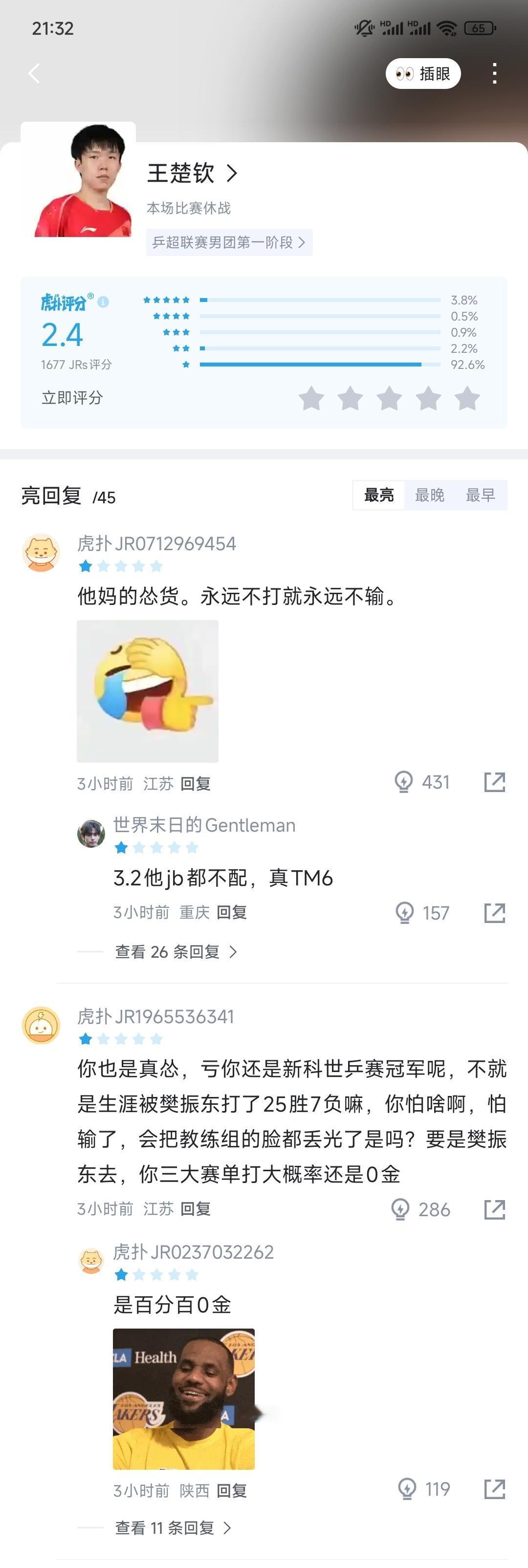 樊振东王楚钦今晚无缘交手不打就不会输是吧？ 王楚钦说没人敢说有信心战胜樊振东 ​