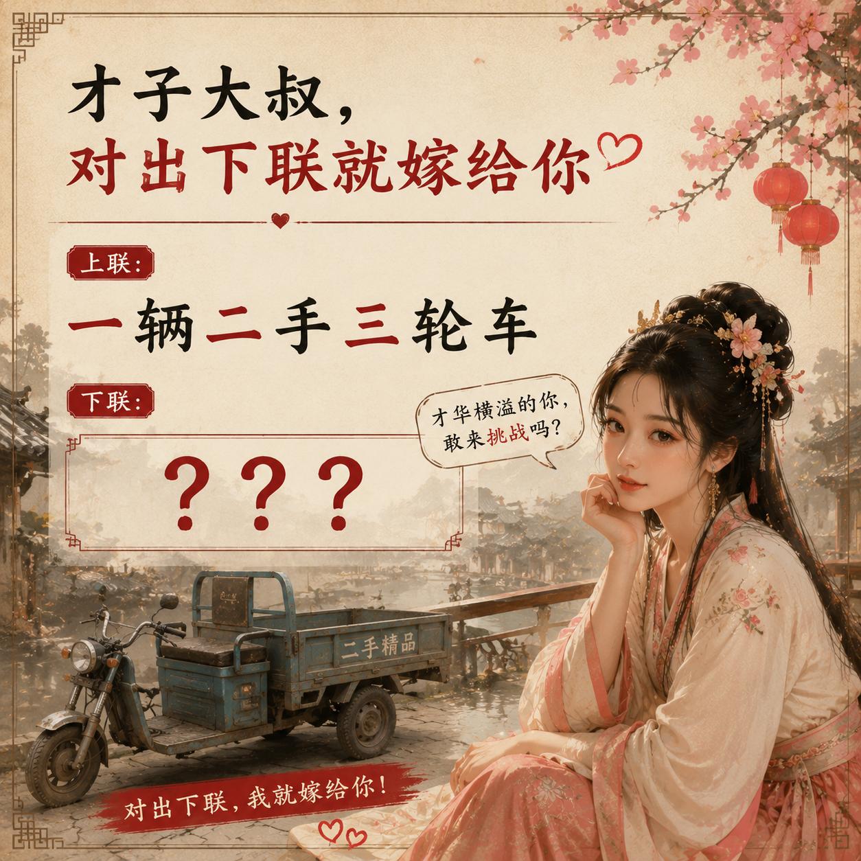 动漫美女比文招亲咯，她出的这个上联你能接出完美下联吗？
上联：一辆二手三轮车
下