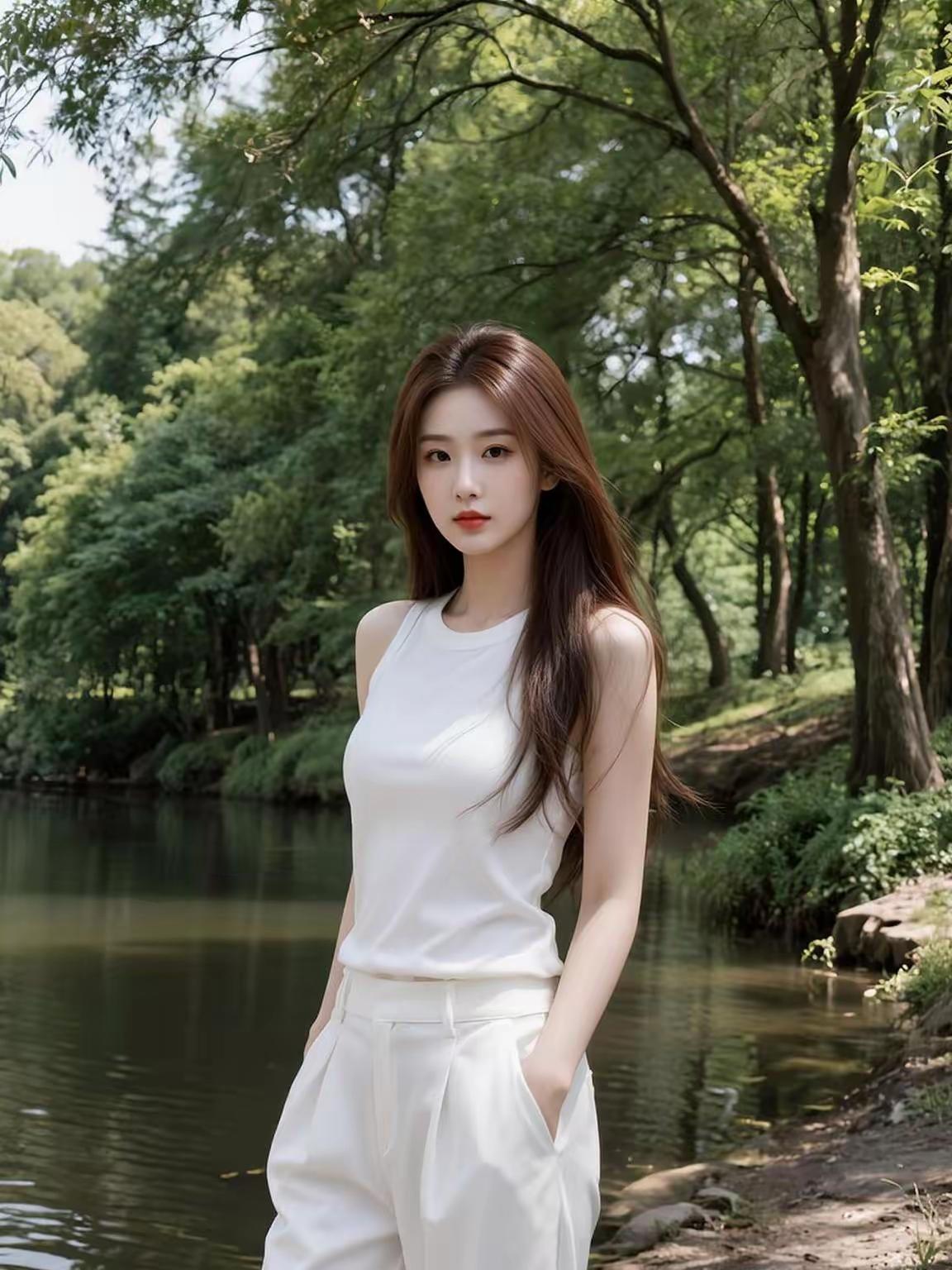 夏日清新穿搭，白色无袖上衣+宽松长裤，自然森林背景，清新自然。