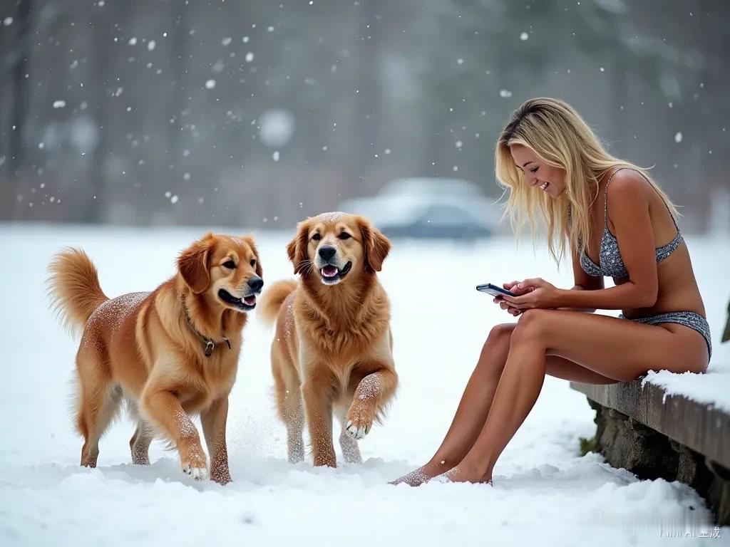 两只金毛犬在雪地里欢快地玩耍，它们的毛发在雪花的映衬下闪闪发光。旁边是一位金发美