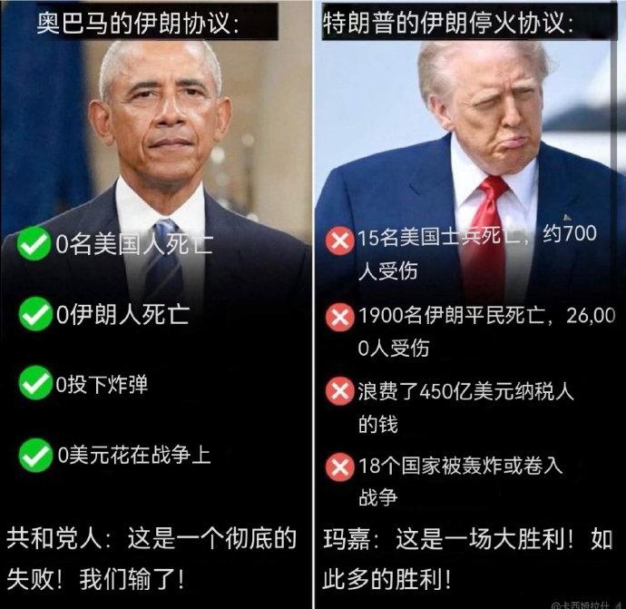 美国人比较奥巴马与特朗普对伊朗：

➤奥巴马的伊核协议：

美国人死亡：0

伊