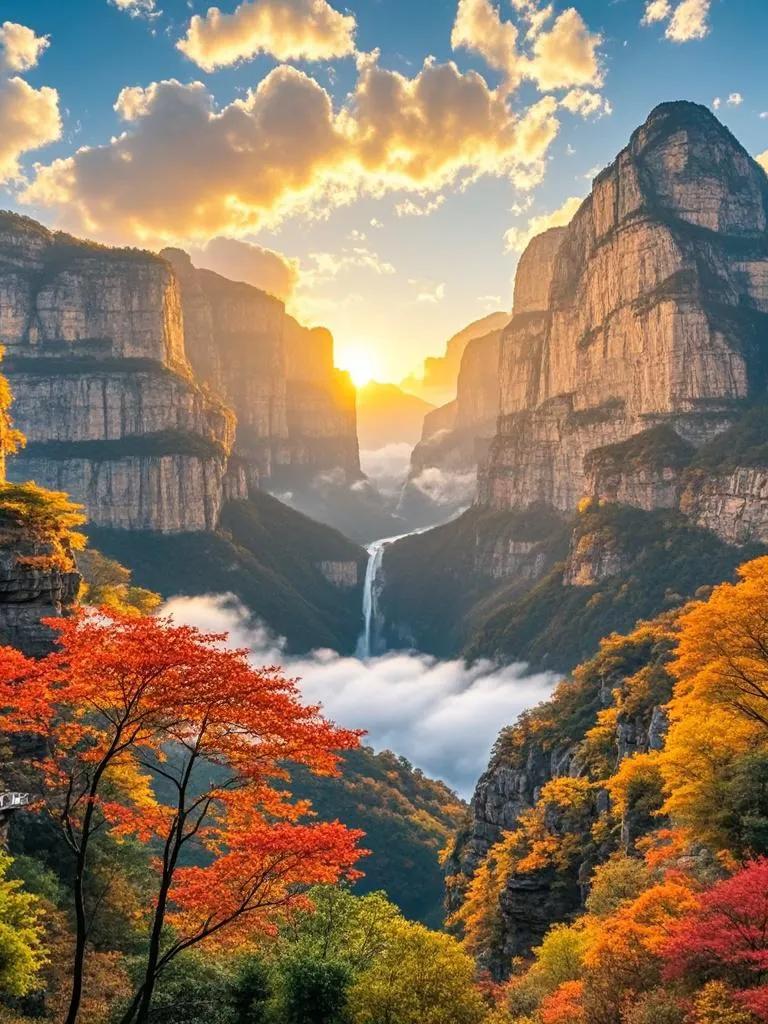 云台天瀑淌金流。峰峦列阵霞衣绣，涧谷含情暮霭留。秋林溢彩添诗意，云海扬波荡画舟。