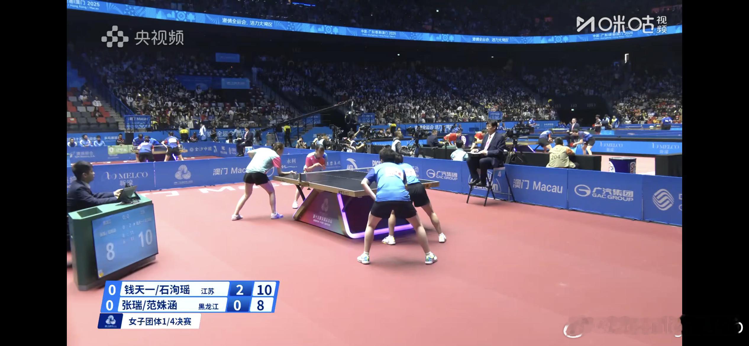 女子团体1/4决赛江苏1-0黑龙江钱天一/石洵瑶3比0张瑞/范姝涵（11:8，1