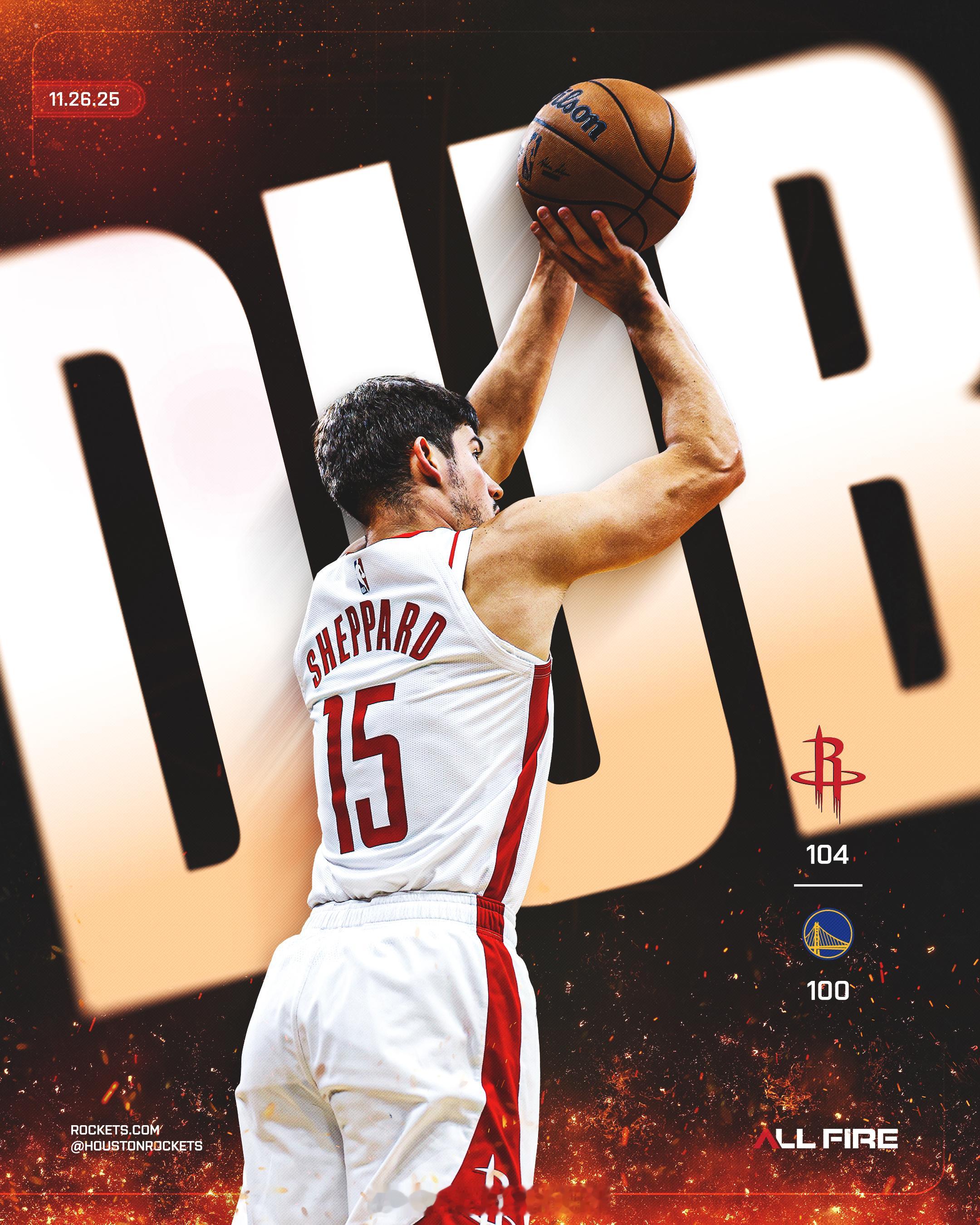 当地时间感恩节，火箭官方晒出了战胜勇士的赢球海报，封面人物是谢泼德，背景字样是“