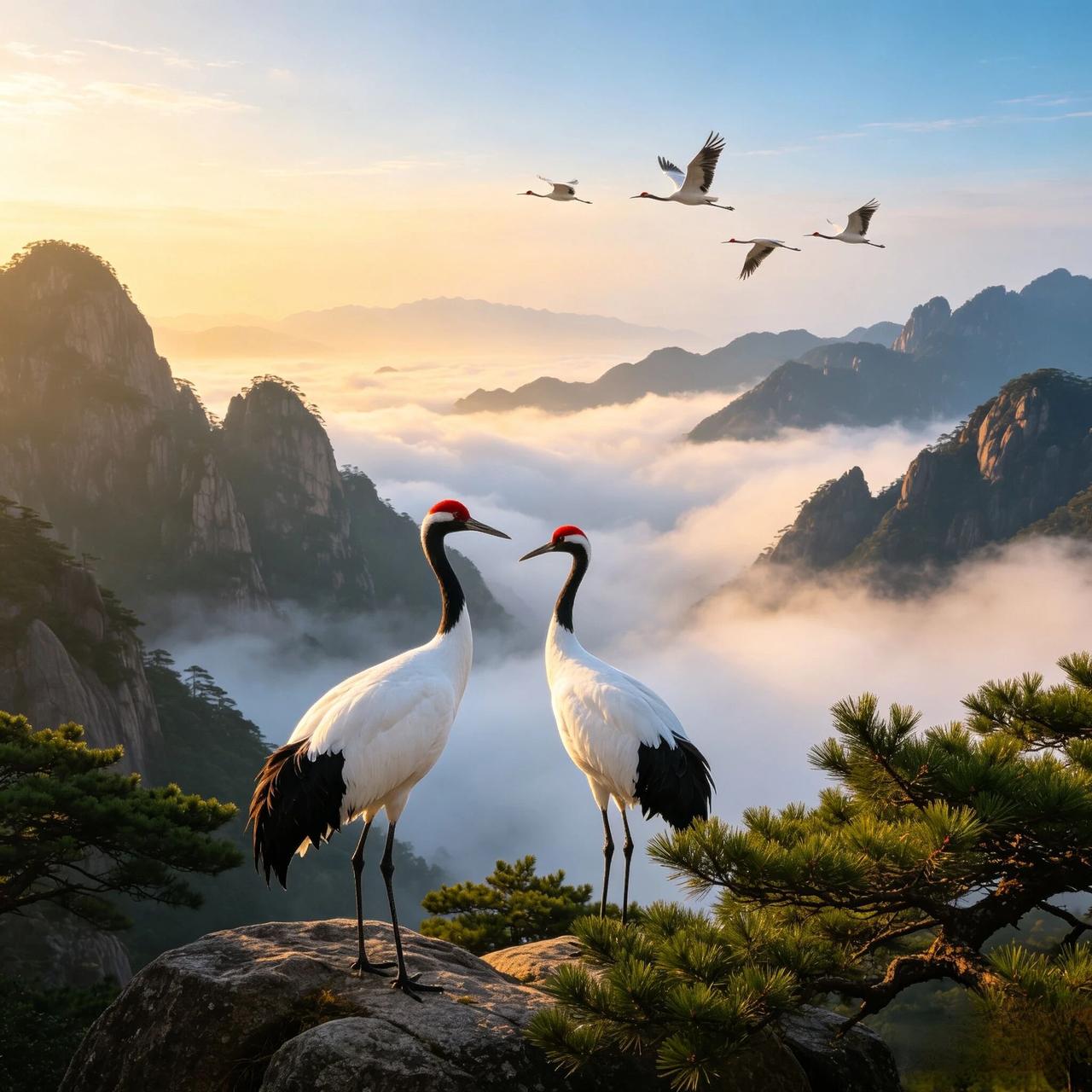 仙鹤翩翩起舞，云海翻滚，山水间尽显自然之美。