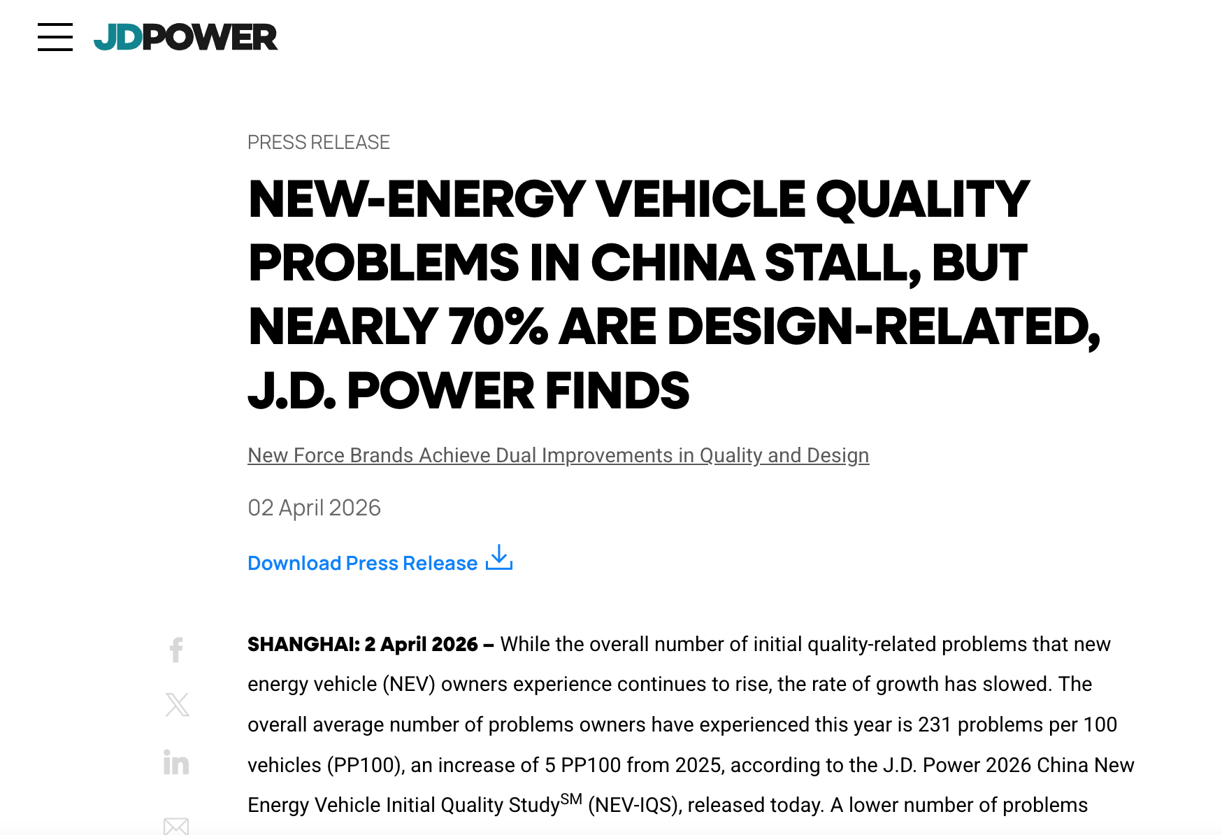 JD Power刚出了2026年新能源初质量报告。平均231个问题/百辆，比去年