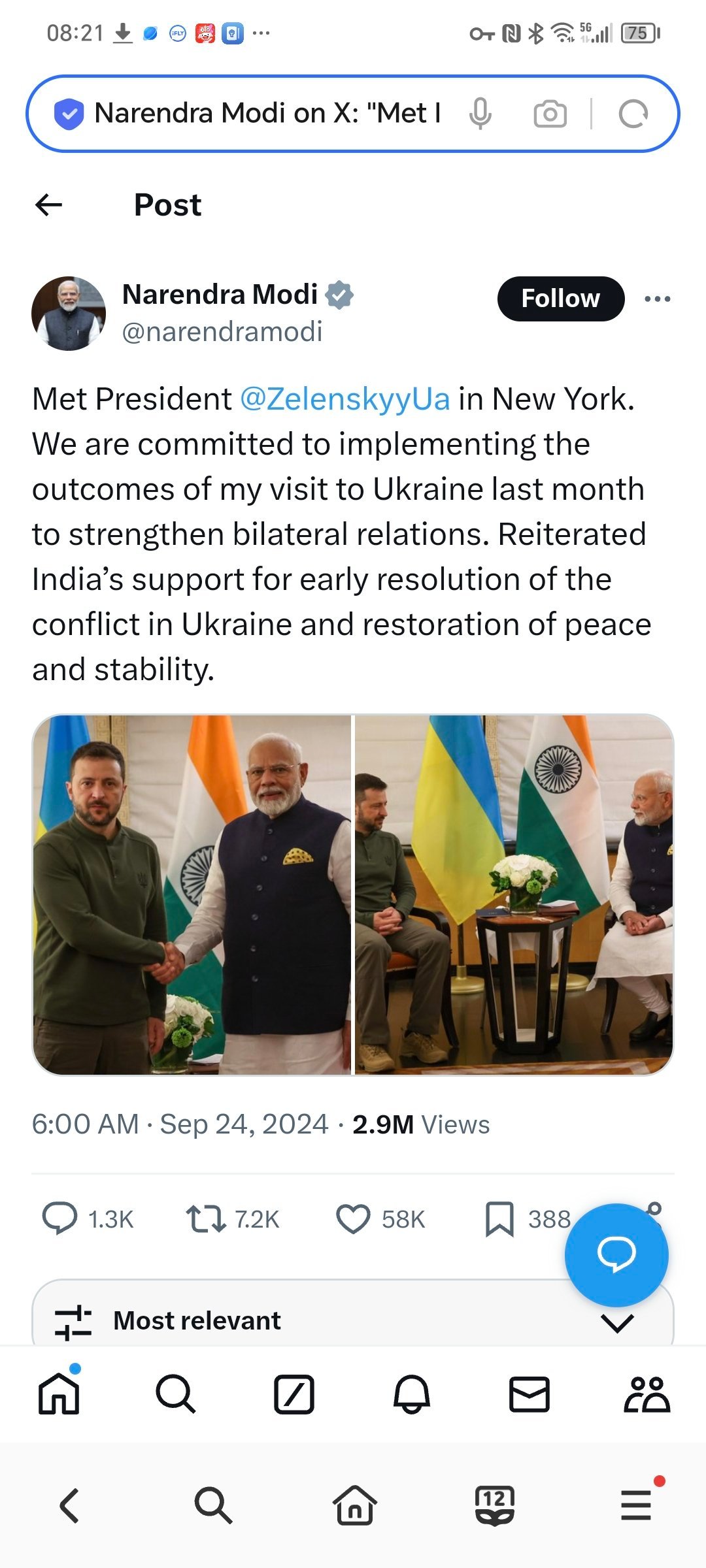 24日，莫迪发推表示：我在纽约会见了 （泽连斯基）总统。我们致力于落实我上个月访
