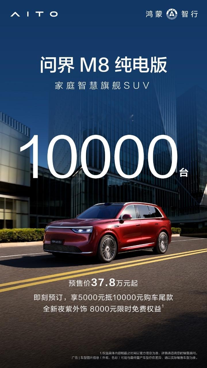 7月25日，问界M8纯电版开启预订，8小时突破10000台！问界M8纯电版预售3