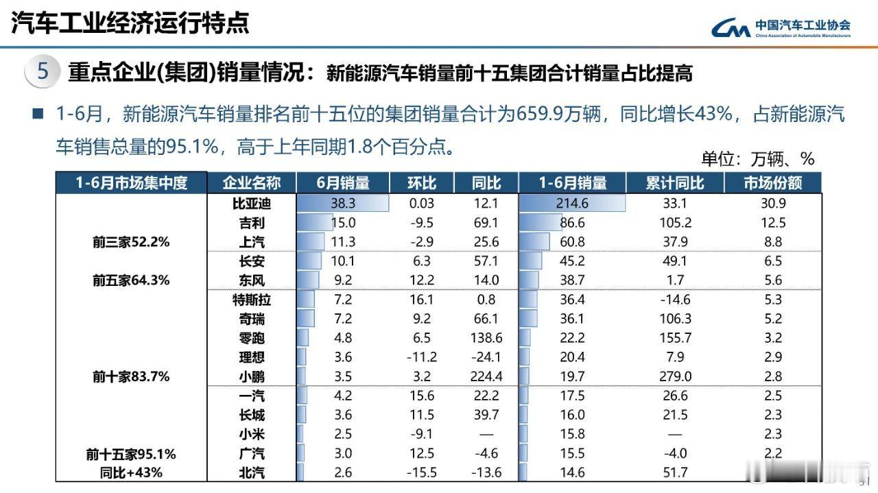 2025年上半年销量top15新能源汽车厂商1，比亚迪，214.6万，30.9%