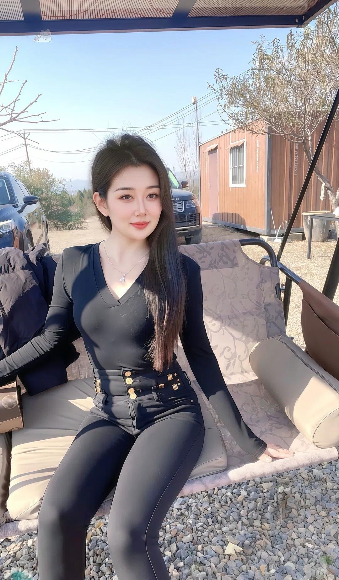 阳光下的时尚穿搭，黑色紧身衣搭配腰带，尽显优雅与自信。