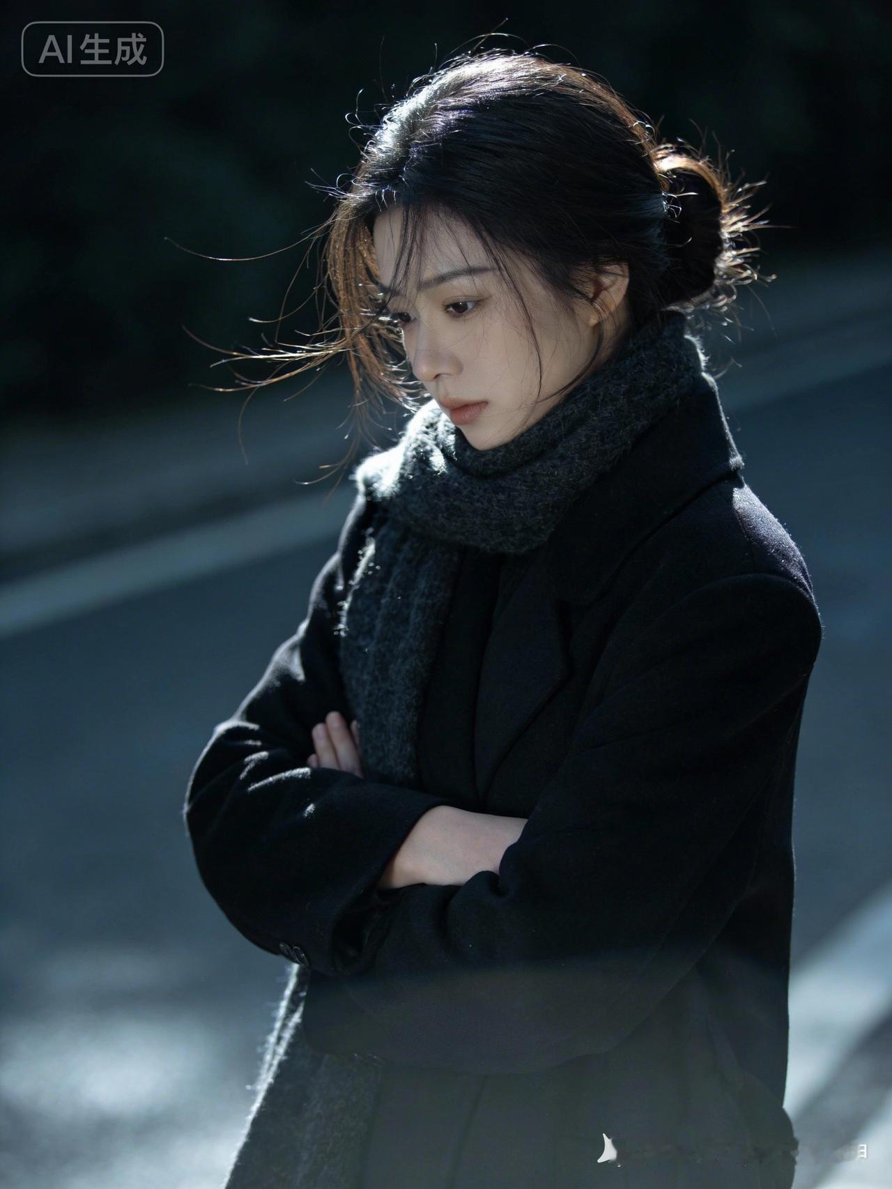 冬日暖阳下的沉思，黑衣女孩的冷艳与温柔。