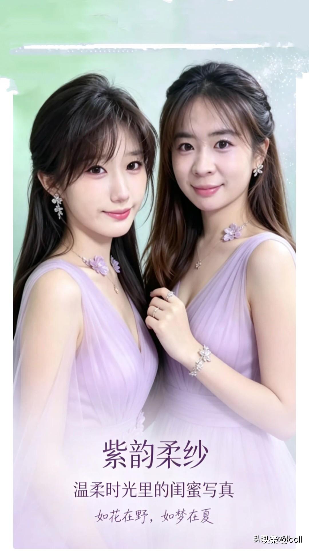 苗苗和潇潇的写真照真漂亮[赞][赞]

姐妹俩身着紫色纱裙，长发披肩，脸上都挂着