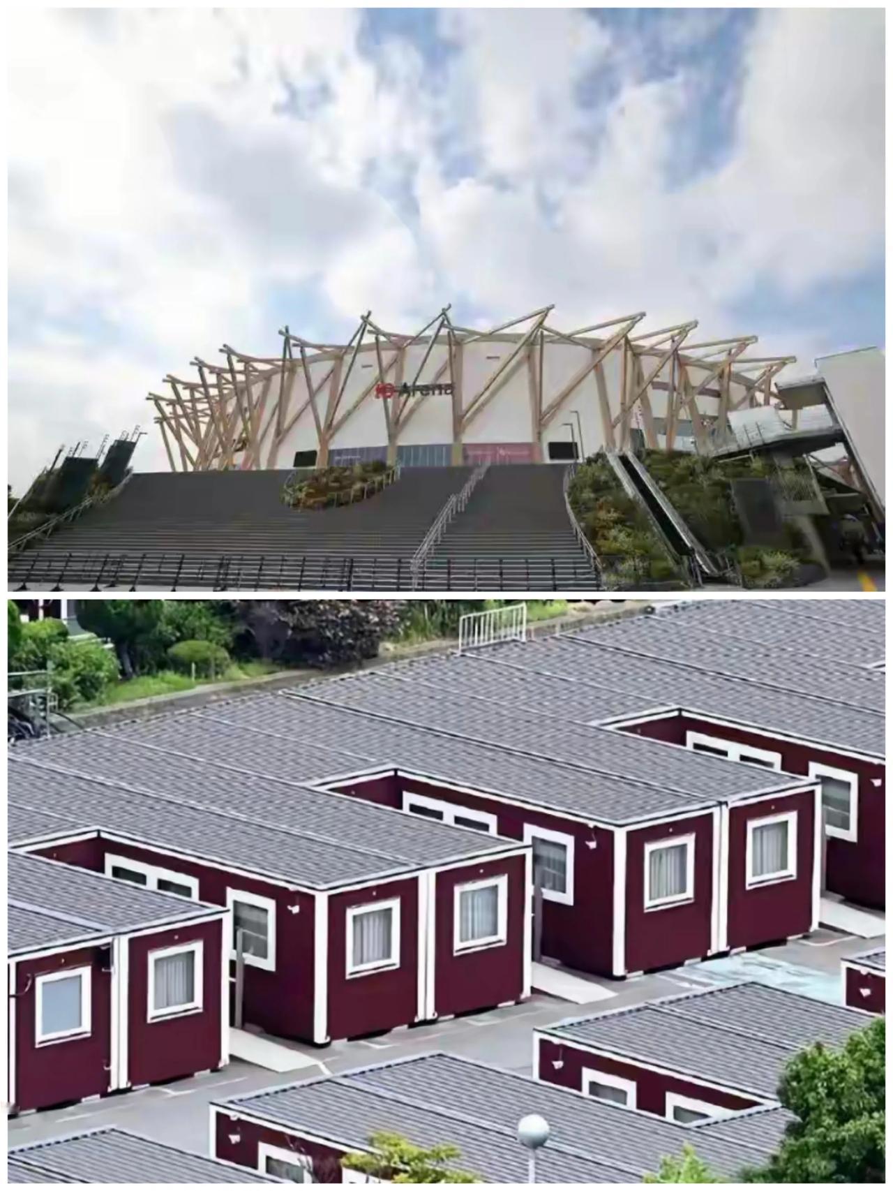 日本9月19日爱知·名古屋第20届亚运会大场馆木条搭，运动员住宿集装箱。
