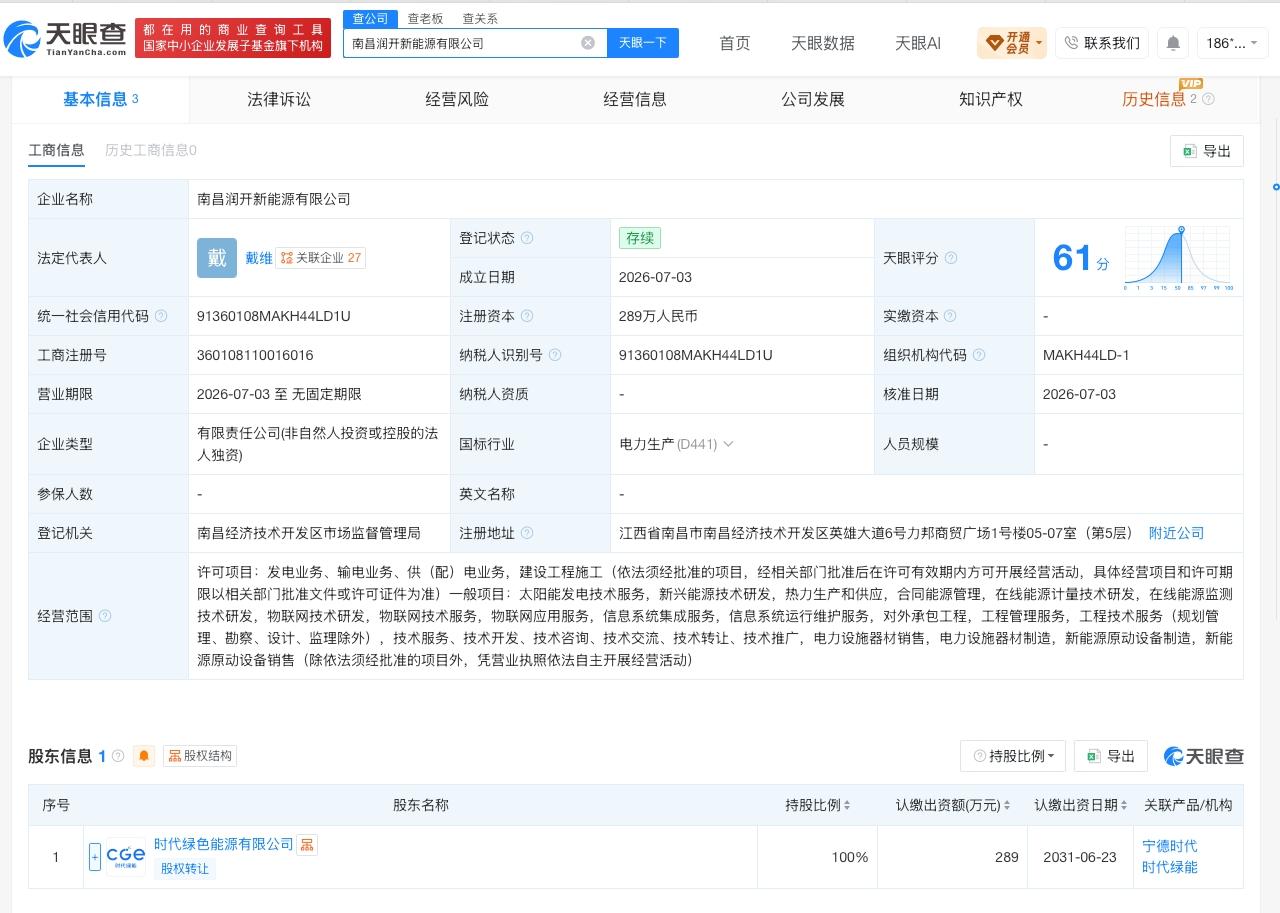 宁德时代在南昌成立新公司 注册资本289万

天眼查App显示，近日，南昌润开新
