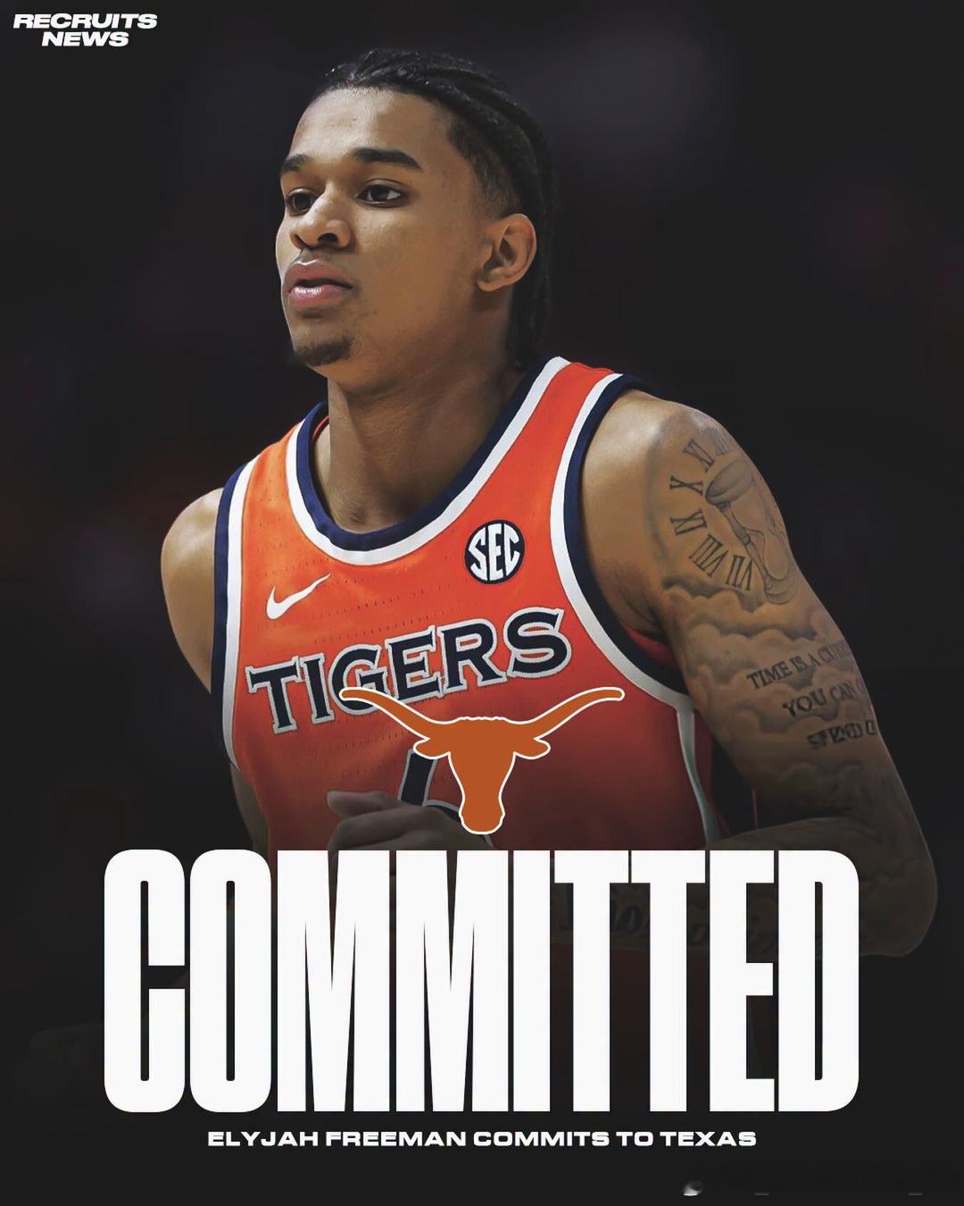 奥本大学前锋伊莱贾·弗里曼(Elyjah Freeman)转学加盟德克萨斯大学这
