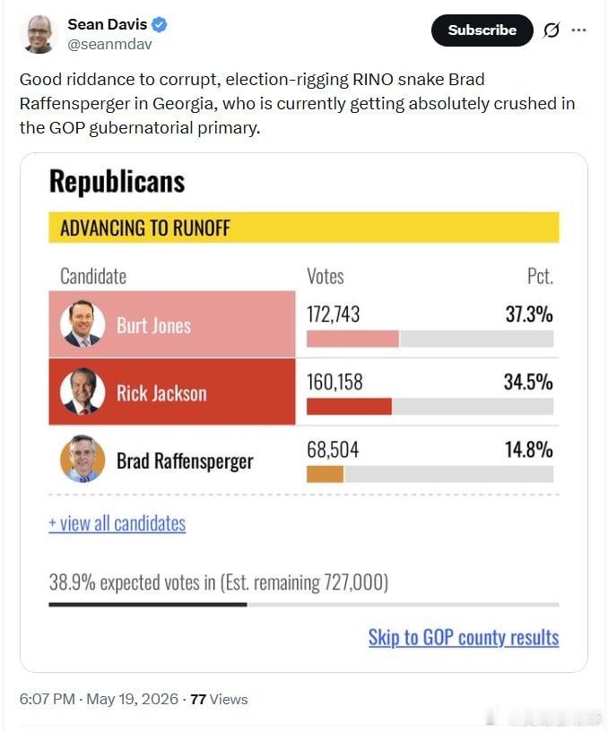 好消息：喬治亞州那位腐敗且操縱選舉的毒蛇——州務卿布拉德·拉芬斯佩格（Brad 