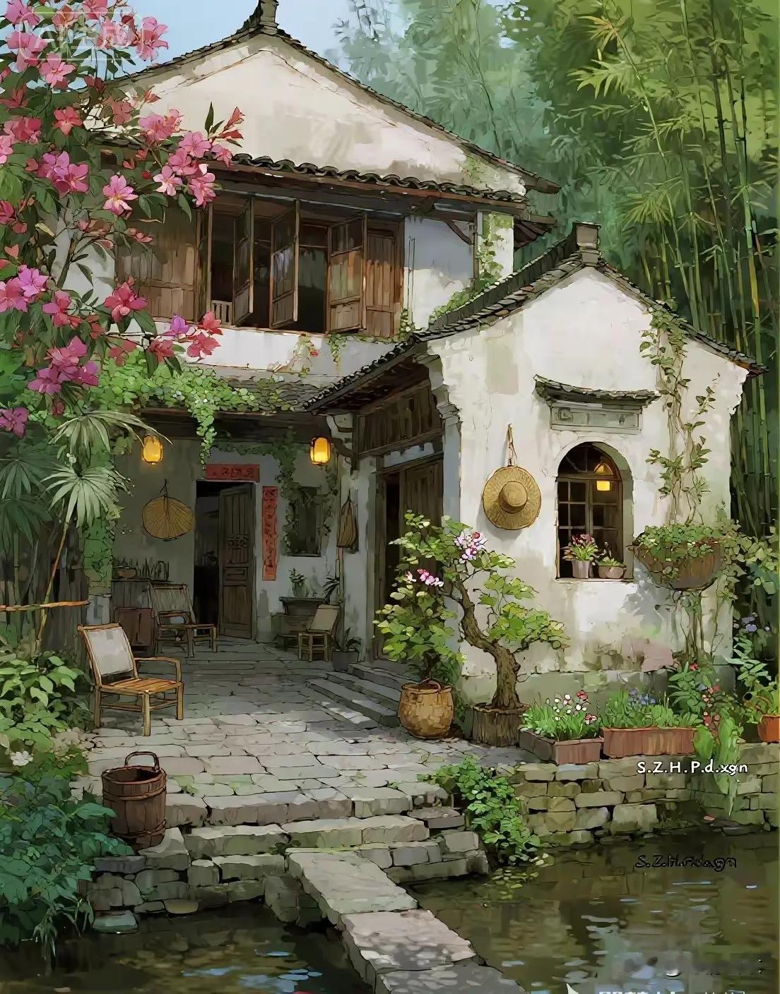 粉墙黛瓦覆藤花，
竹影摇窗映浅霞。
门畔清溪通野渡，
鱼樵牧童正归家。