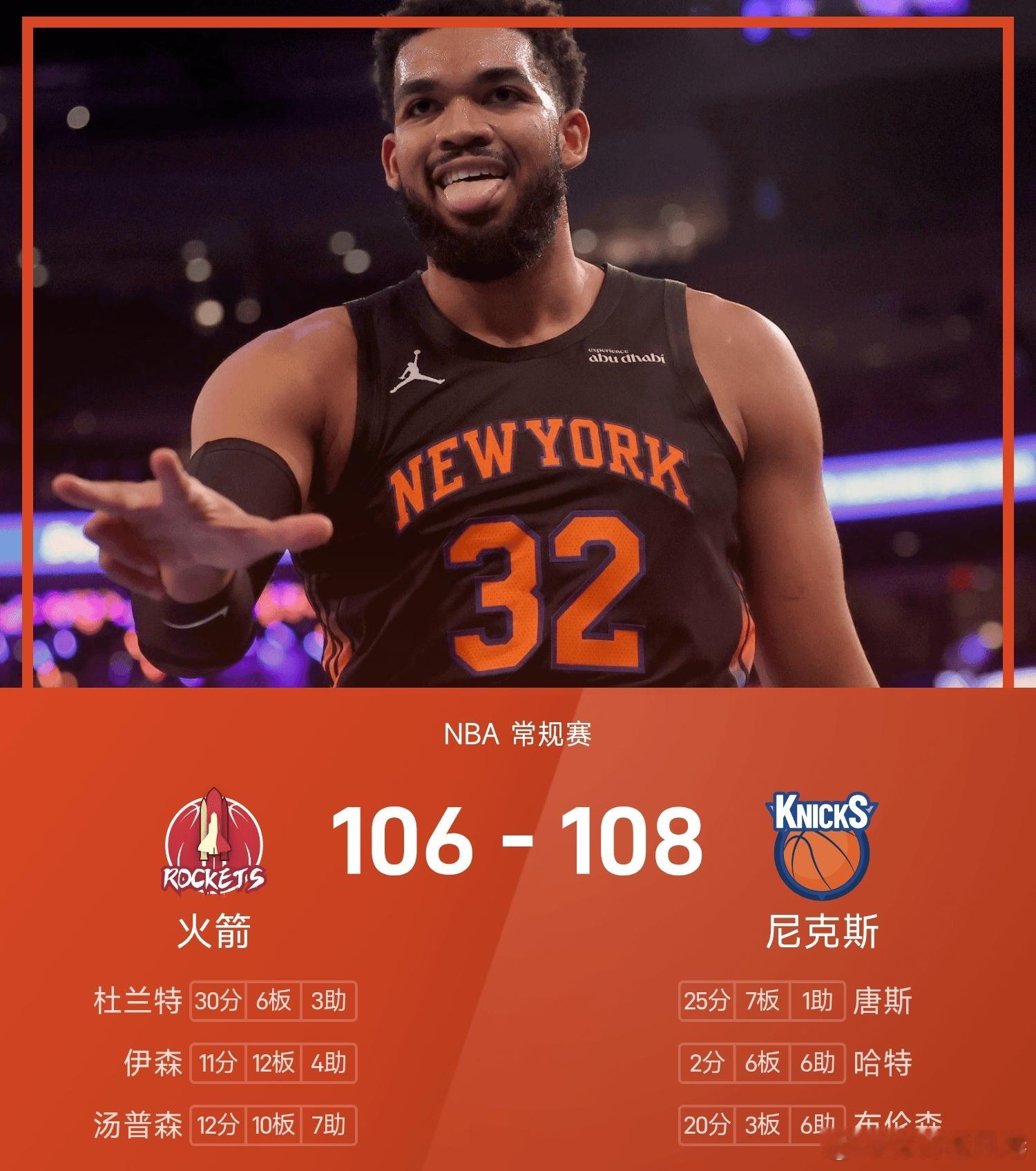 火箭vs尼克斯nba 尼克斯108-106战胜火箭。唐斯得到25分7板1助率队取