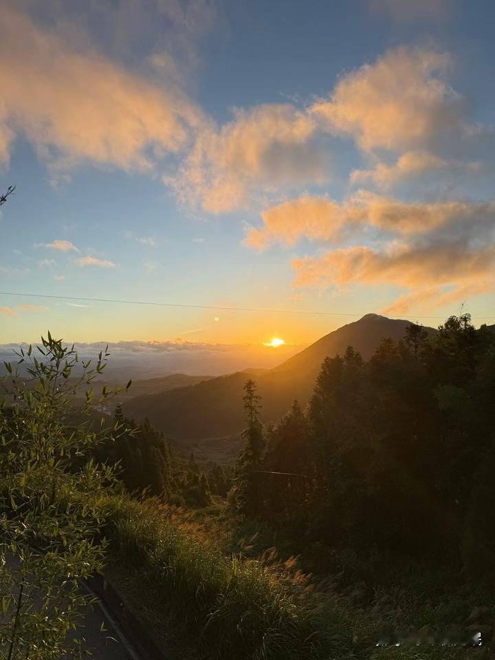 站在山巅，看落日缓缓沉落云海。晚风掠过山林，世间喧嚣都被远山隔开，只余下满目橘色
