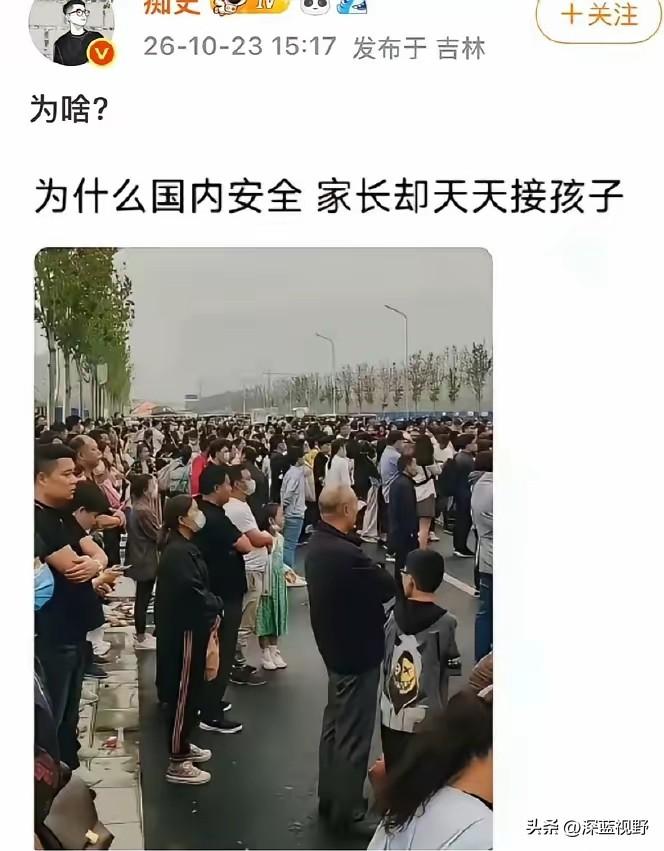 不少网友提出疑问：国内整体治安水平很高，为什么每天上学放学，校门口都会挤满接送孩
