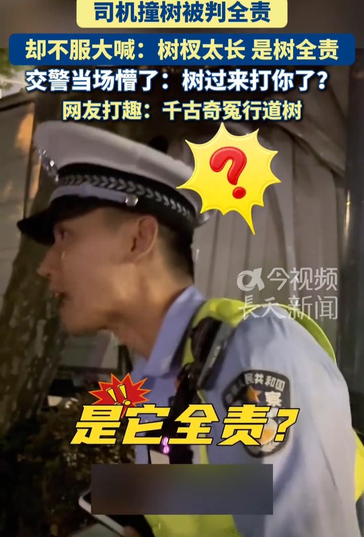 近日，上海一司机开车撞到一棵树，交警认定司机全责。司机不服气，反问交警：我负什么