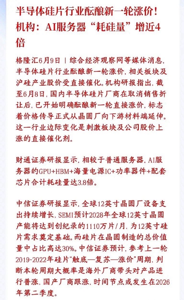 又是科技股的利好消息，半导体行业酝酿新一轮涨价，明天科技股稳了硅片是做芯片的“硅