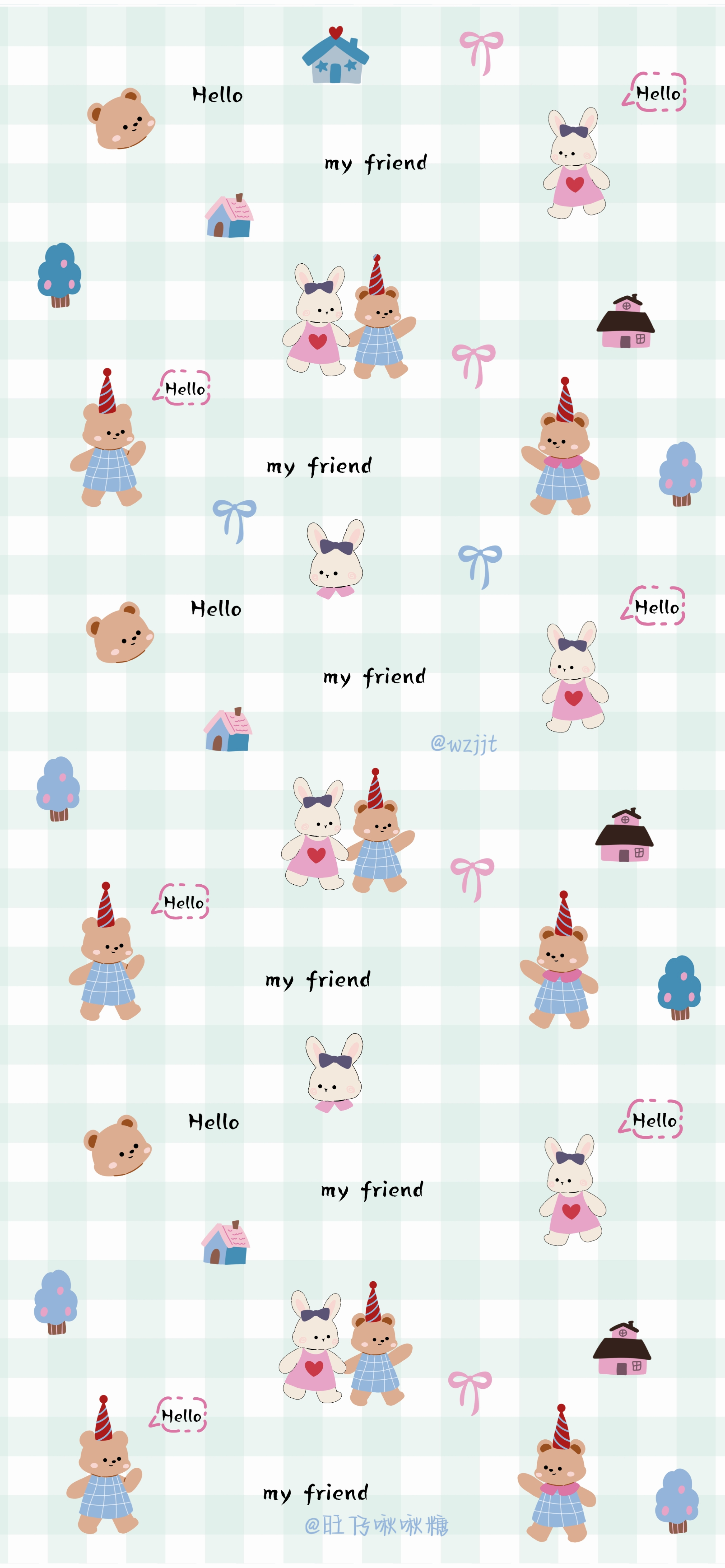 🧸小熊和小兔子🍧格纹平铺壁纸🐰 ​​​
