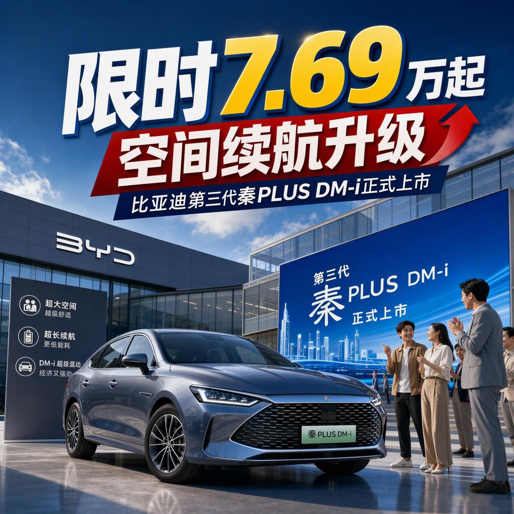 7.69万起，车长4840mm，综合续航2290km！
比亚迪第三代秦PLUS 