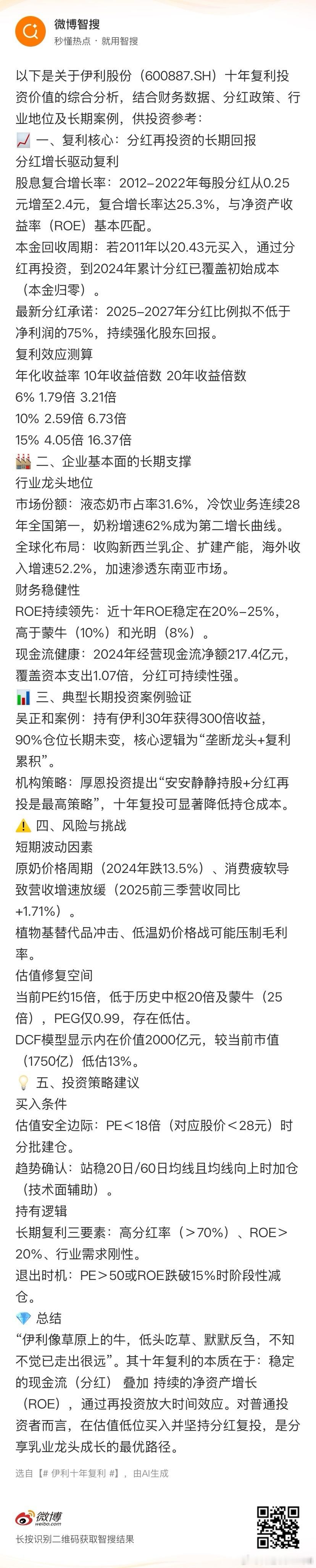 伊利实盘十年 伊利DCF测算内在价值 2000亿较目前1800亿市值有10%低估