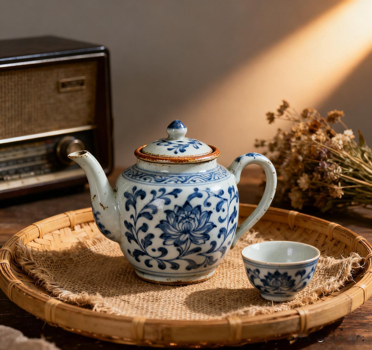 1989年的冬天，我在老柜子上看到这把青花茶壶，刚刚泡上热茶。
 
“妈！这茶壶