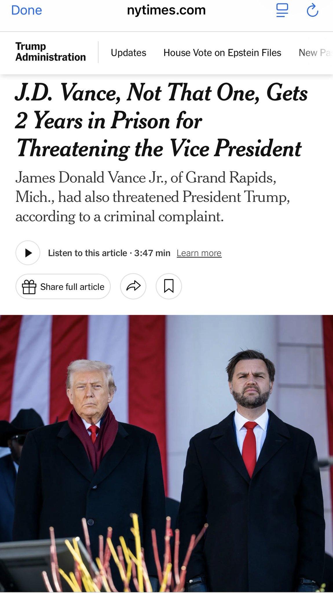 李鬼对李逵？

密歇根的J.D.万斯在网上威胁要杀副总统J.D.万斯，被判刑2年