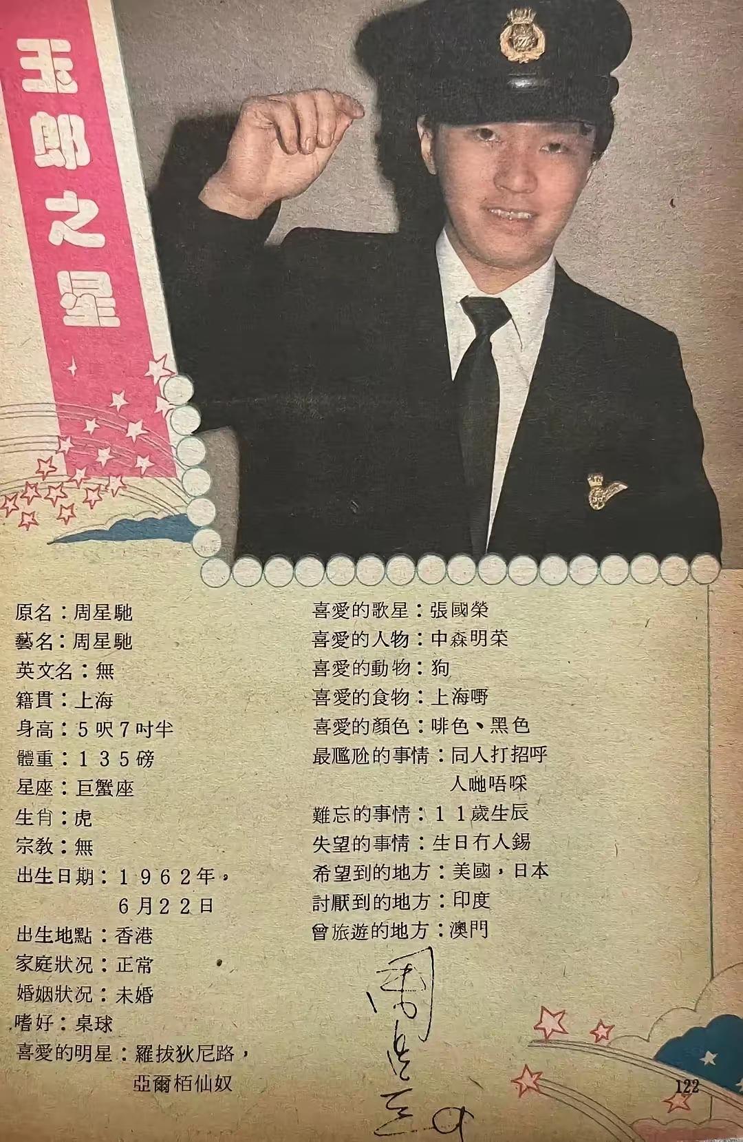 90年代娱乐杂志刊登的周星驰个人档案：
1，身高：1.72cm
2，生日：6月2