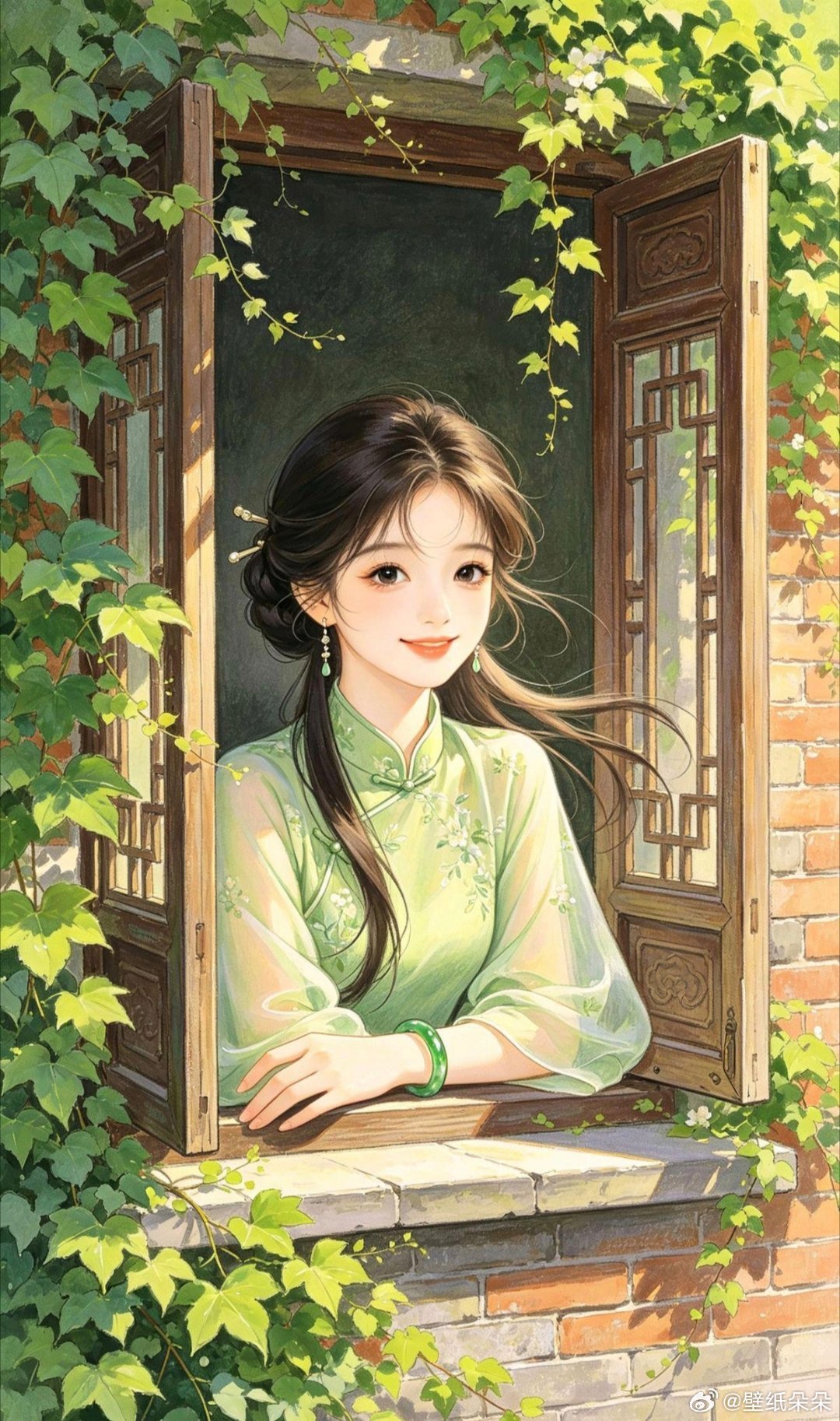 清一色花窗晨光国风美人头像壁纸 