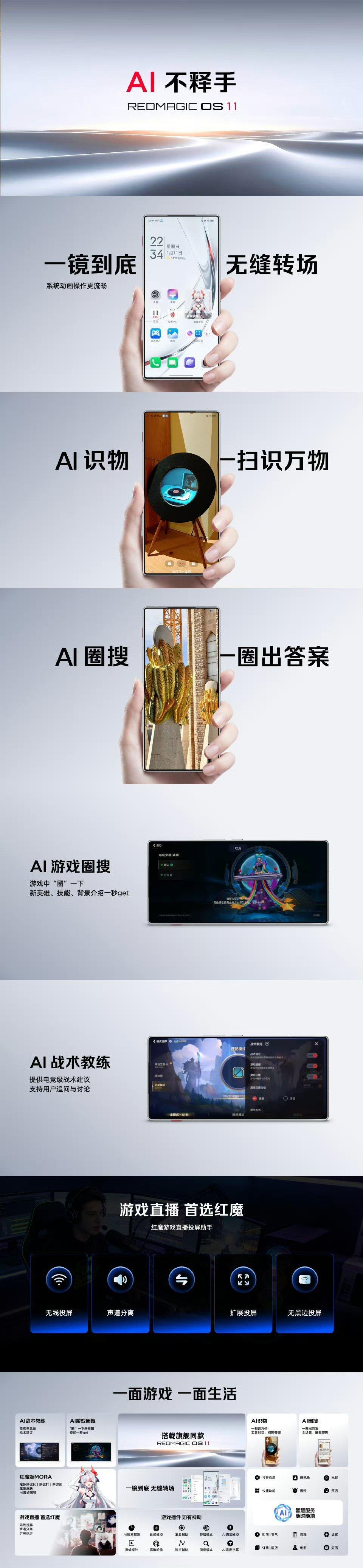 红魔11Air搭载旗舰同款REDMAGIC OS 11.0，更AI 更流畅！①A