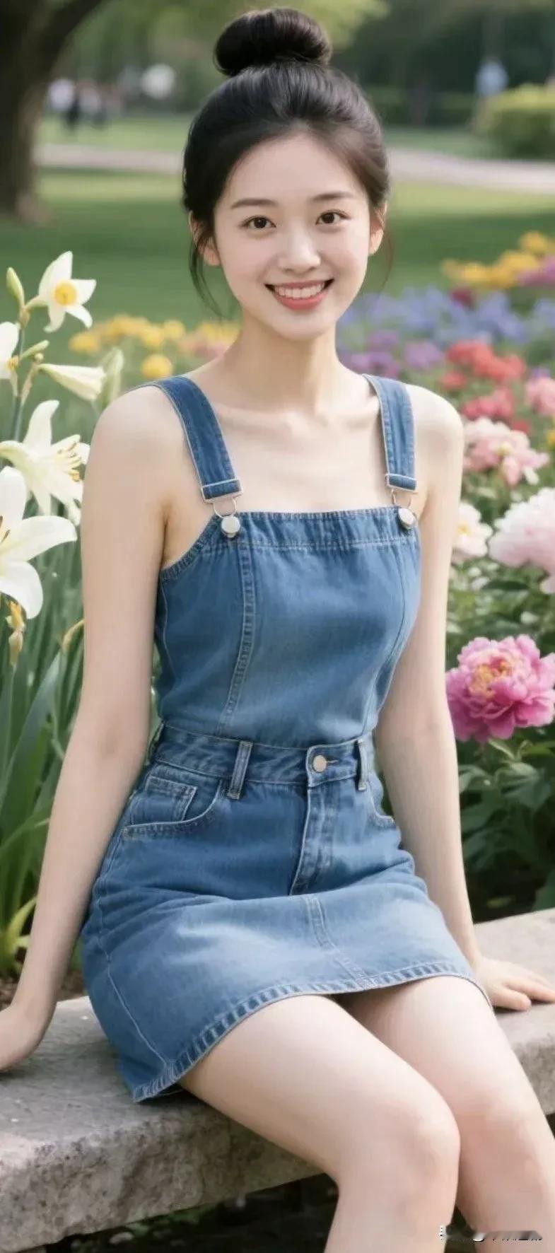 满园繁花作背景，一身牛仔简单又元气，笑容干净透亮
牛仔氛围感写真 牛仔文艺写真