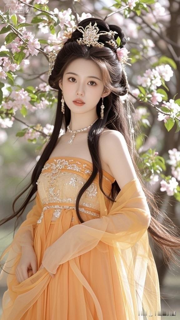 樱花树下，古风美人，一袭橙衣，惊艳时光。