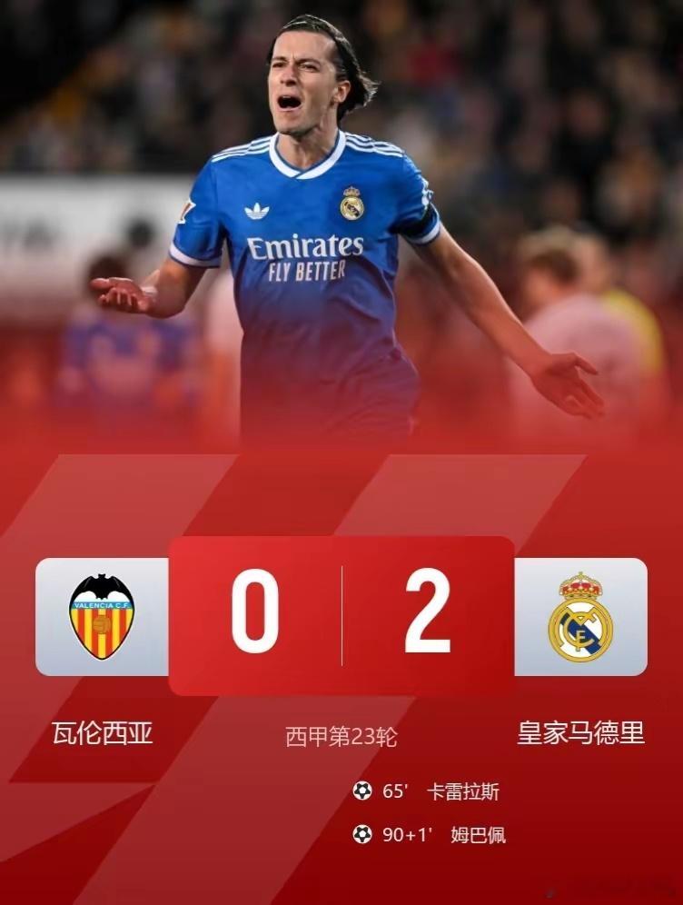 皇马2-0客胜瓦伦西亚，豪取西甲联赛7连胜，距榜首巴萨1分！此役，卡雷拉斯一条龙