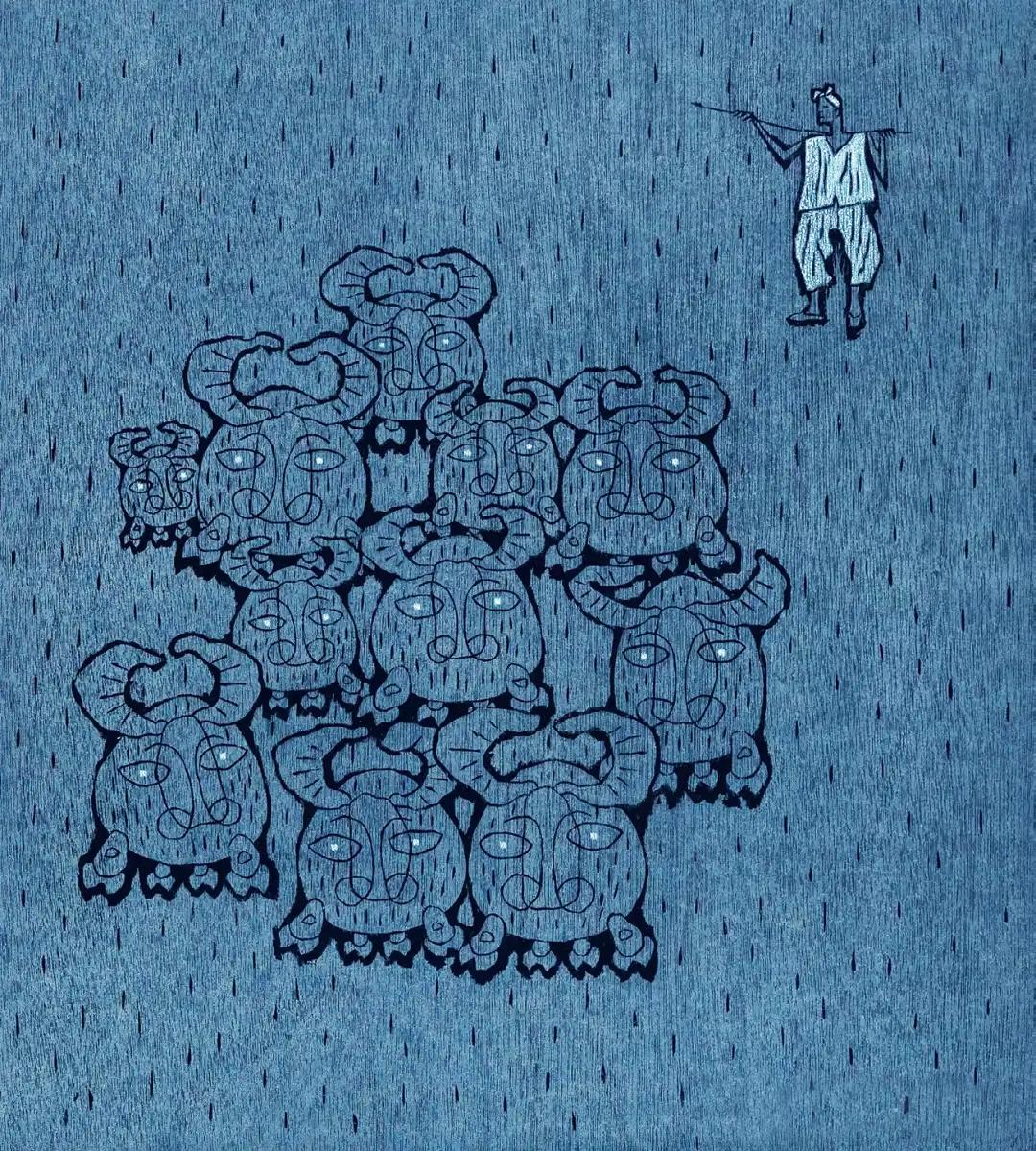 细雨里的牛群 版画里的田园梦｜《毛毛雨》

蓝色雨幕里，牧人扛着鞭子慢悠悠走着，