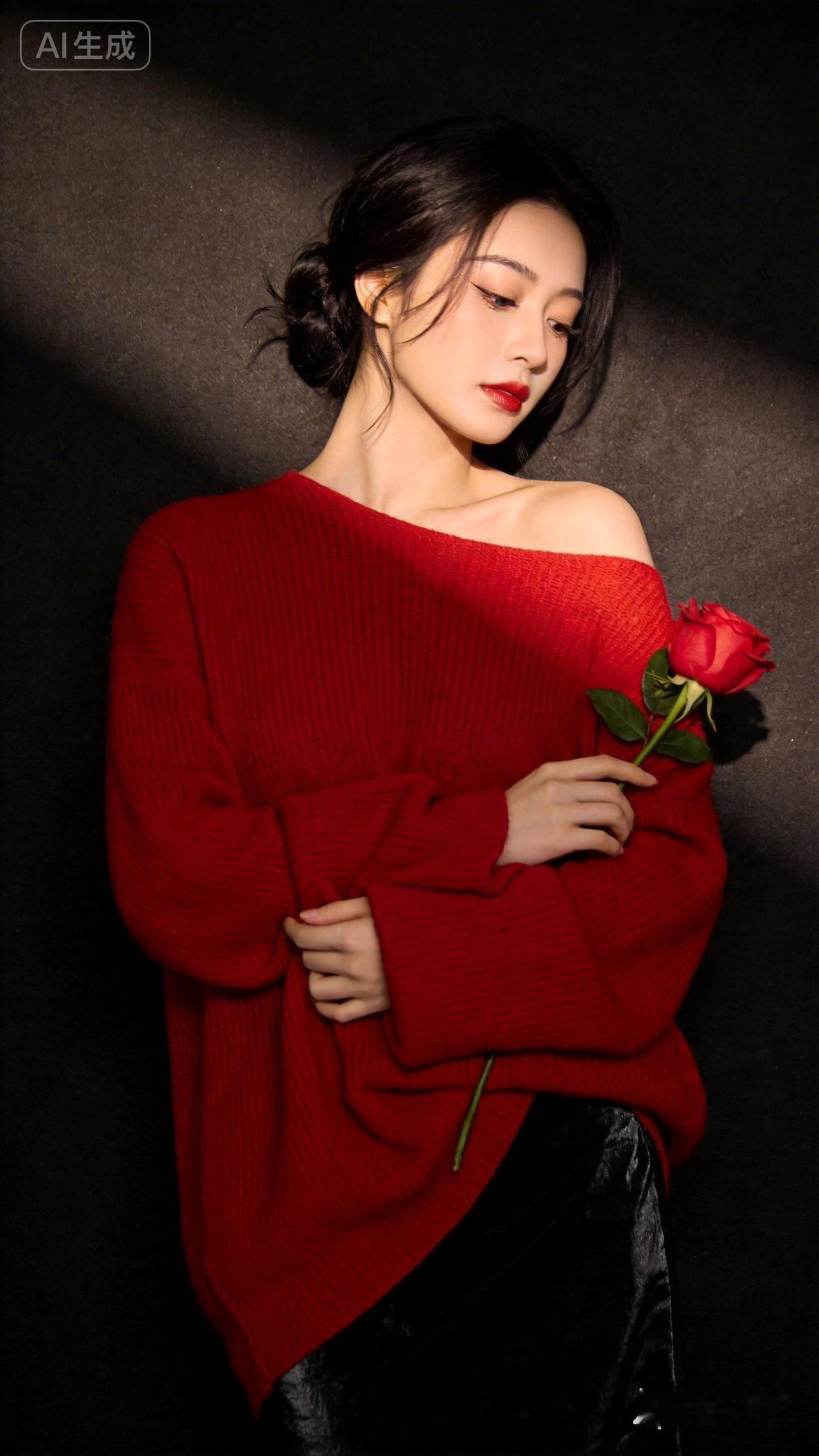 她轻轻抚摸着玫瑰花瓣，眼神里满是温柔与陶醉。这一刻，红衣少女与玫瑰的邂逅，成了时