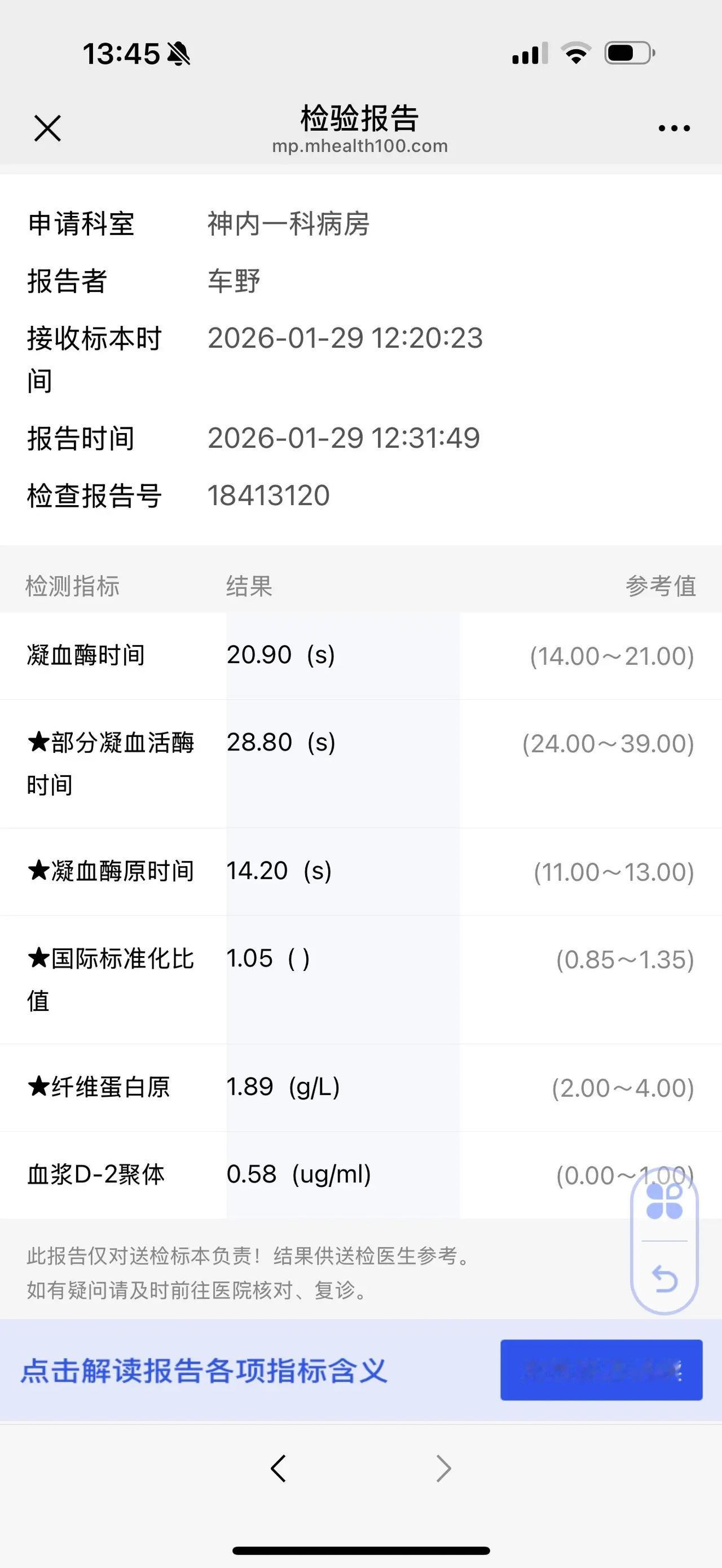 住院连日来经检测凝血功能减弱，纤维蛋白原指标持续下降，1.59，1.45，原因呢