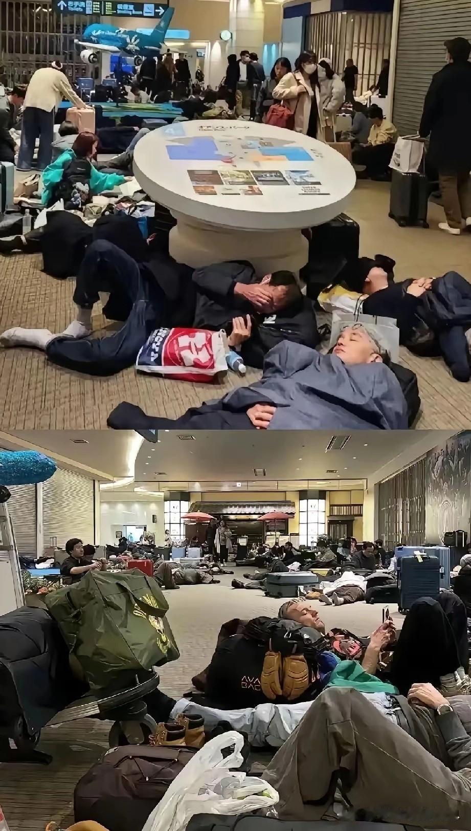 “日本各大机场的人现在傻眼了，因为航班取消了，酒店也住满了，一部分人滞留了。”